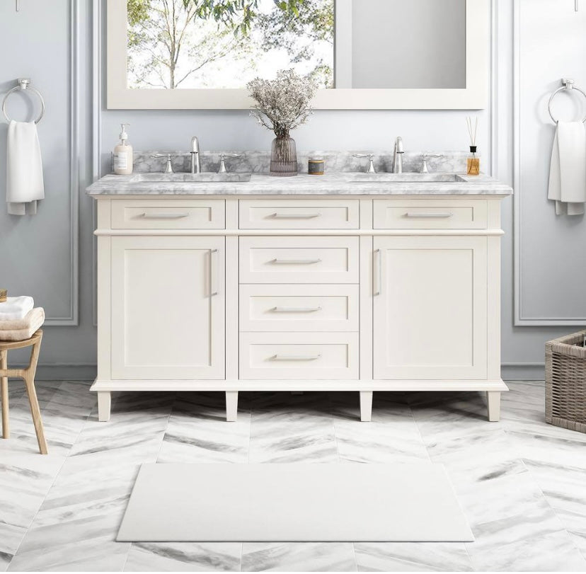 60 in. Double Sink Bath Vanity in Off White with Carrara Marble Top