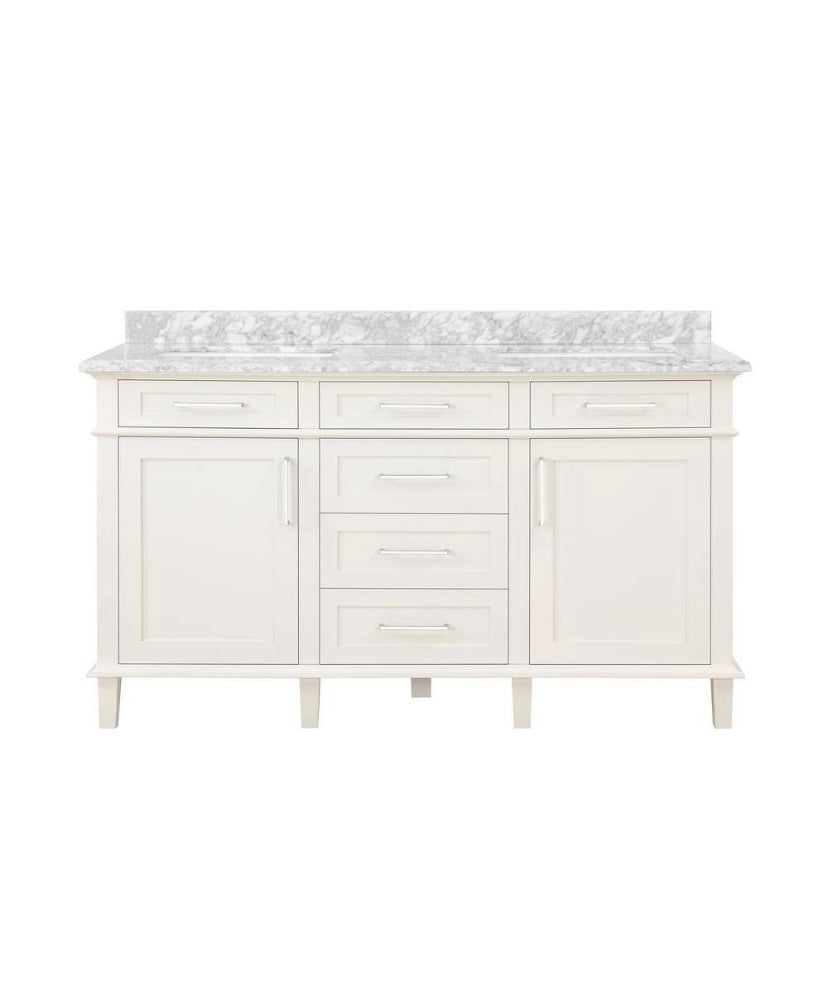 60 in. Double Sink Bath Vanity in Off White with Carrara Marble Top