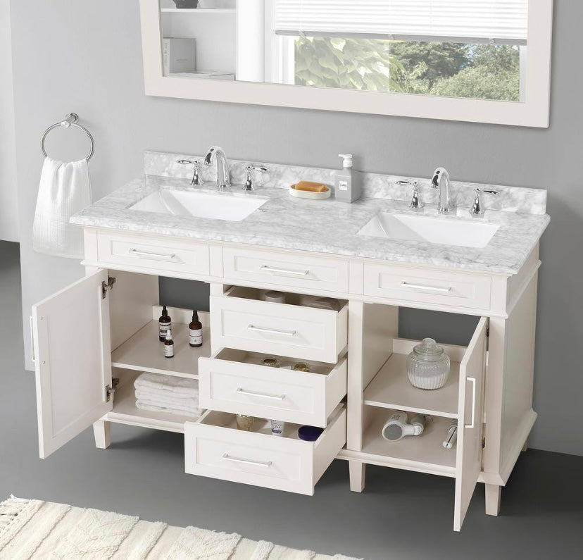 60 in. Double Sink Bath Vanity in Off White with Carrara Marble Top