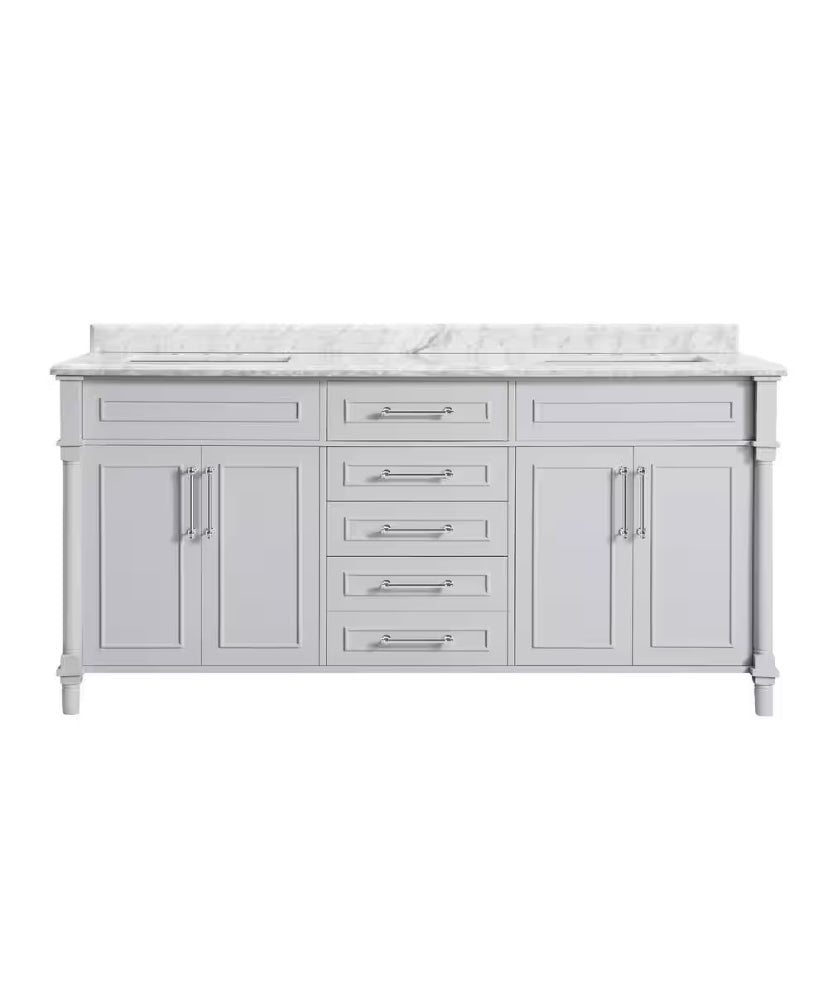 72 in. Double Sink Bath Vanity in Gray with Carrara Marble Top