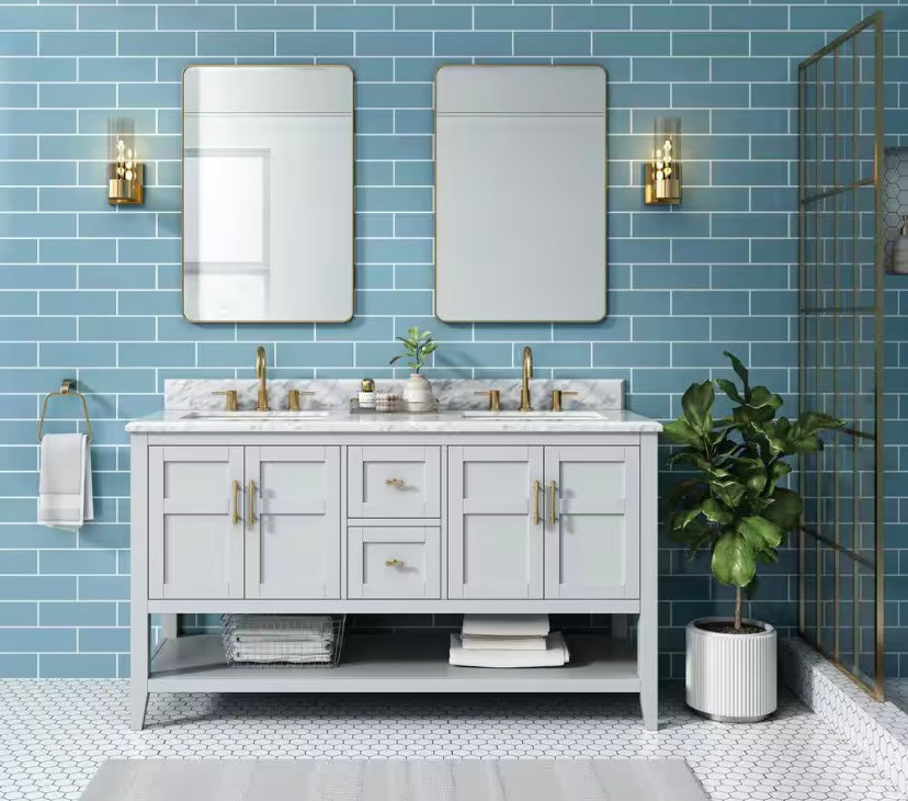 61 in. Double Sink Bath Vanity in Gray with Carrara Marble Top