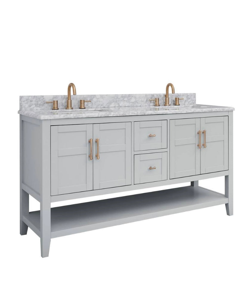 61 in. Double Sink Bath Vanity in Gray with Carrara Marble Top