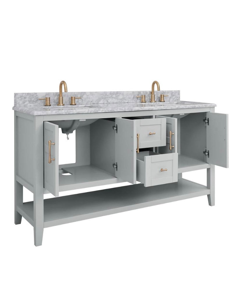 61 in. Double Sink Bath Vanity in Gray with Carrara Marble Top