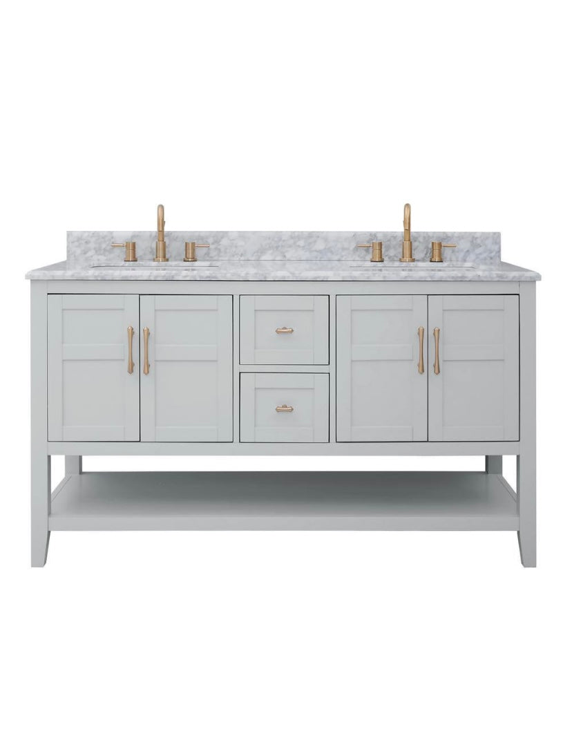 61 in. Double Sink Bath Vanity in Gray with Carrara Marble Top