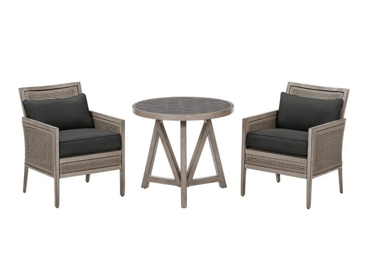 3-Piece Aluminum Woven Outdoor Bistro Set with Black Cushions