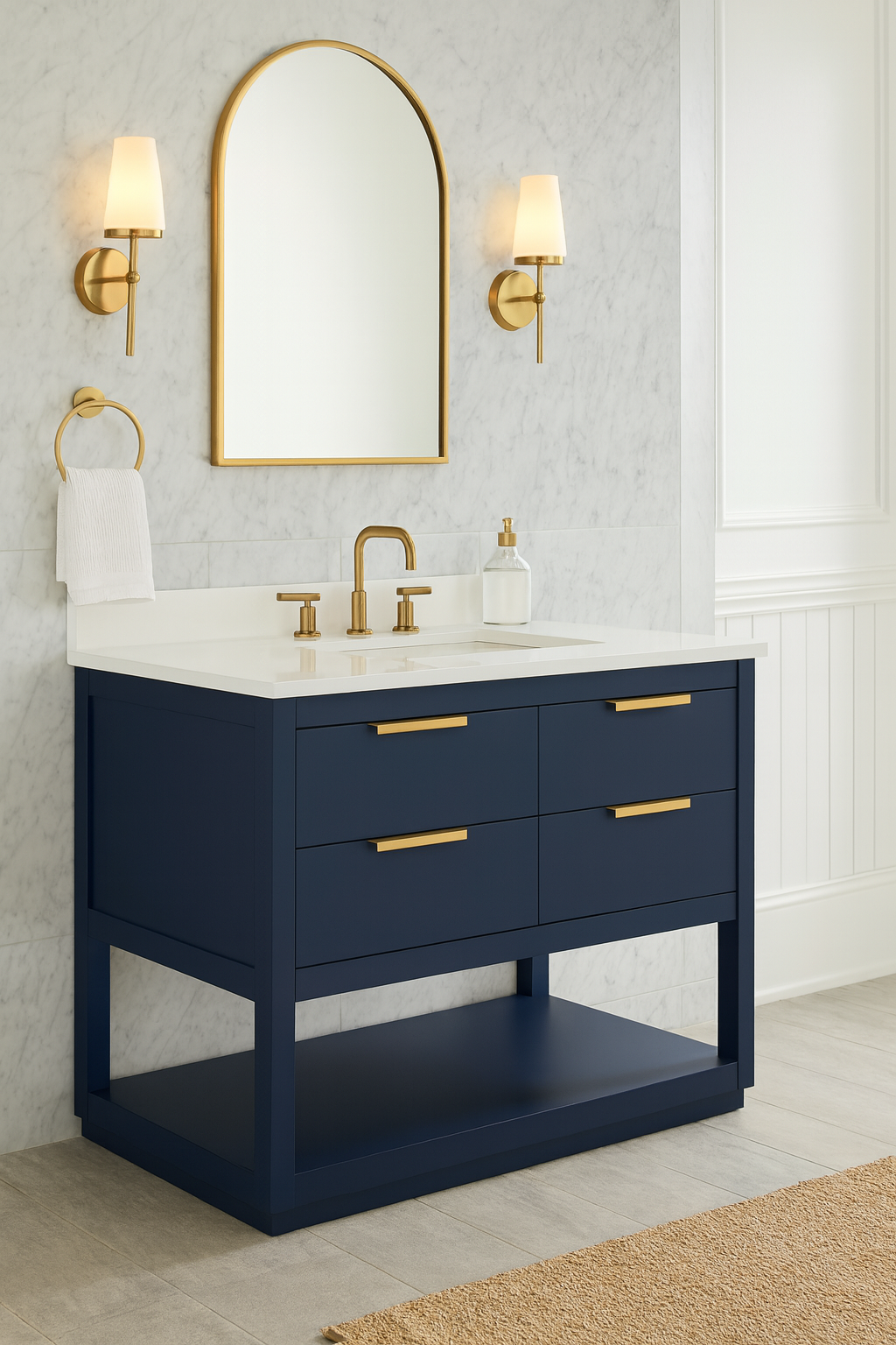 42 in. Single Sink Vanity in Blue with White Marble Top