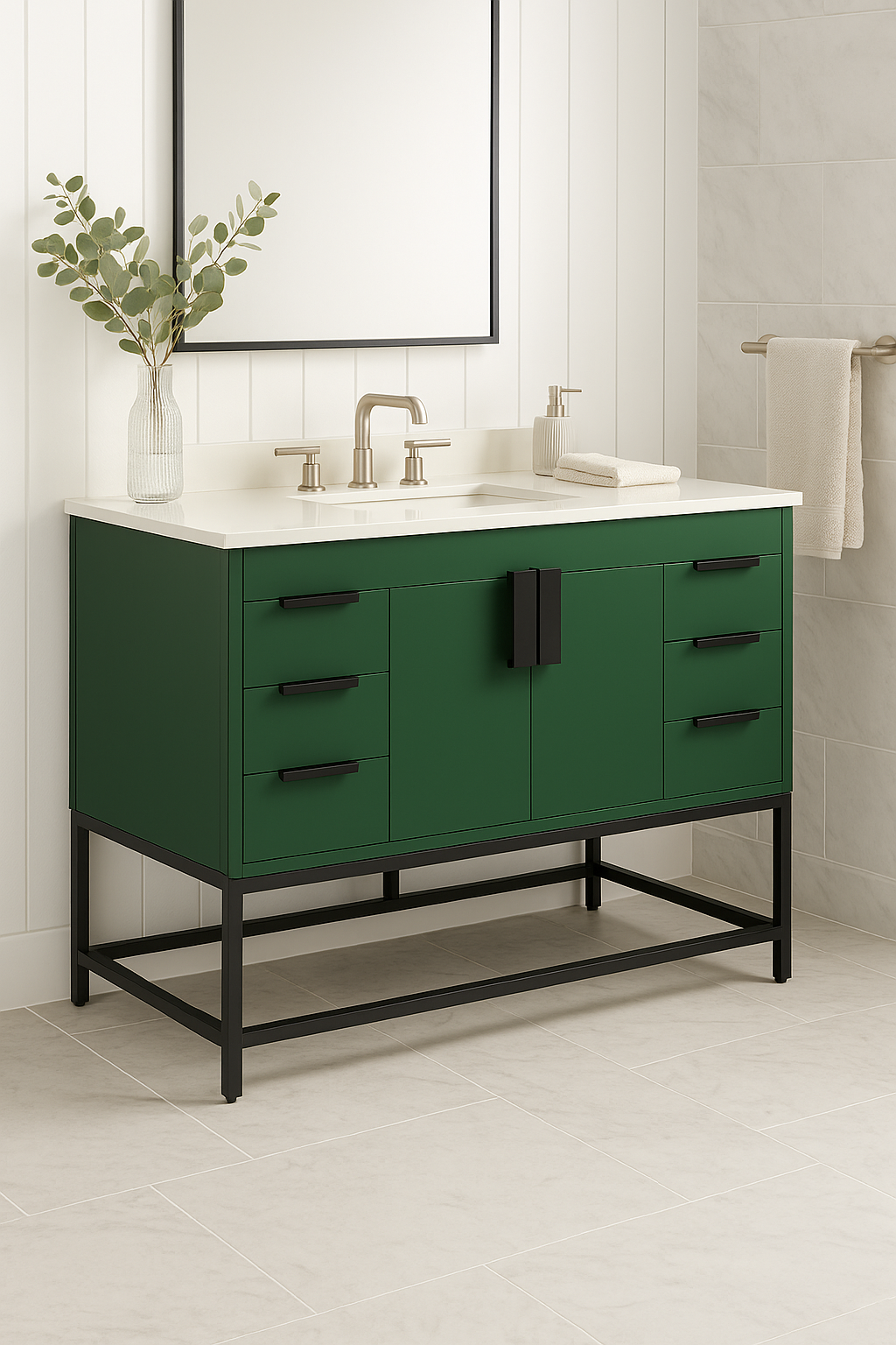 60 in. Single Sink Vanity in Green with White Marble Top