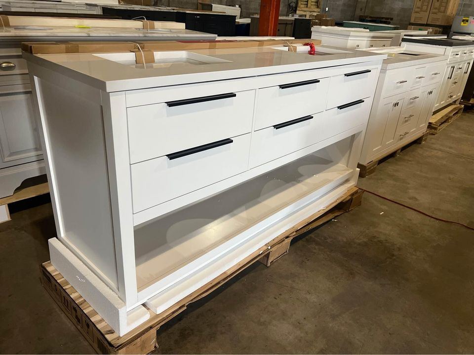 New 72” White Double Vanity with White Marble Top