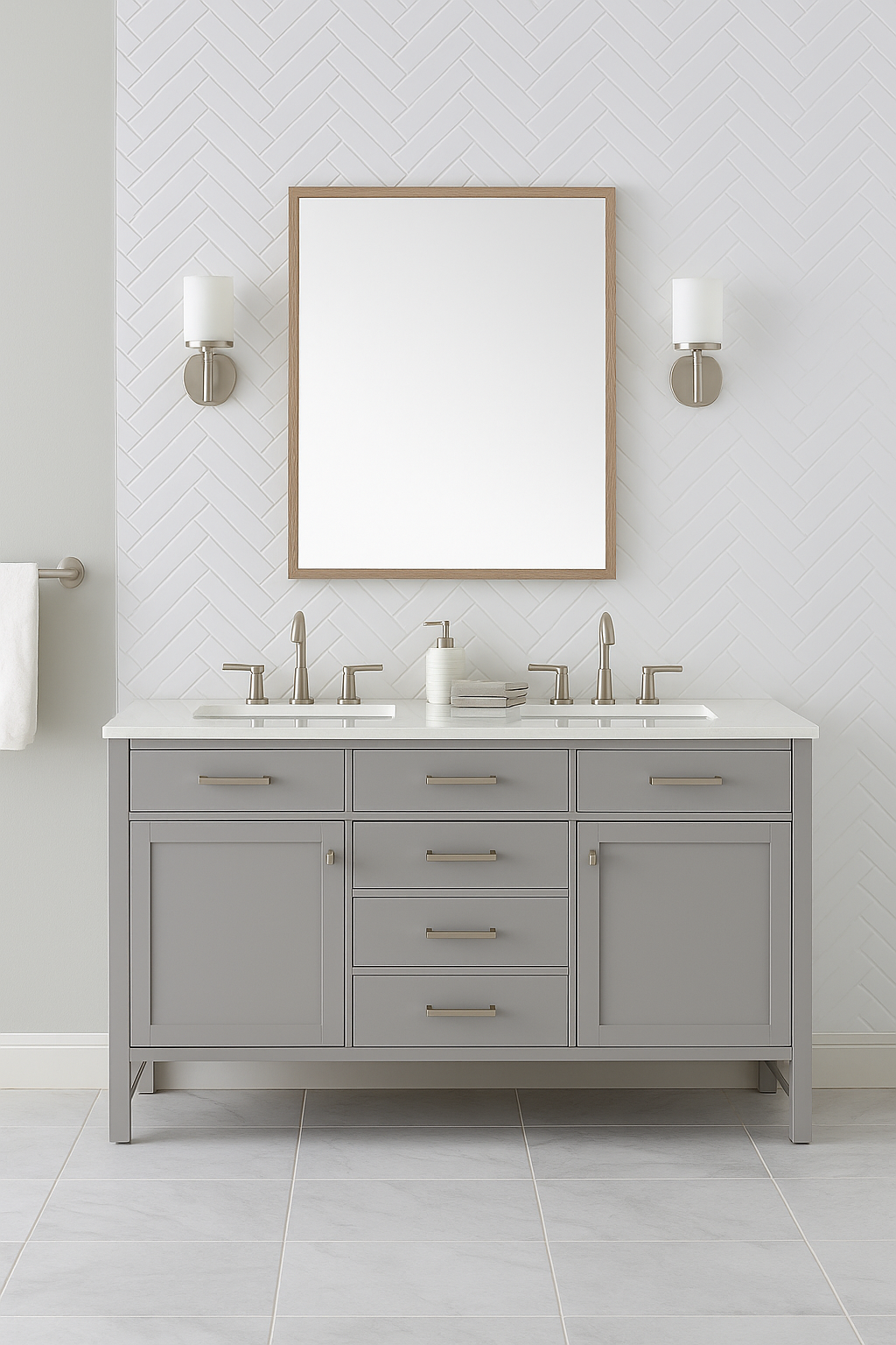 60 in. Double Sink Vanity in Grey with White Marble Top