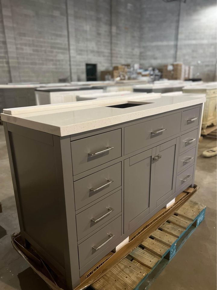 60" Single Bath Vanity in Cashmere Grey with White Quartz Top and Square Sink