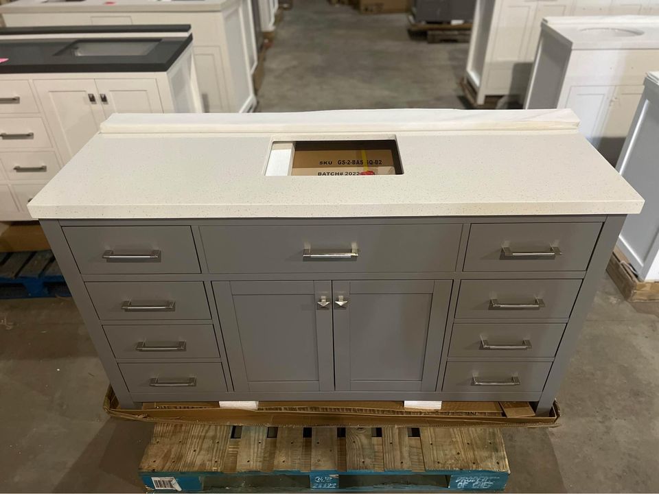 60" Single Bath Vanity in Cashmere Grey with White Quartz Top and Square Sink