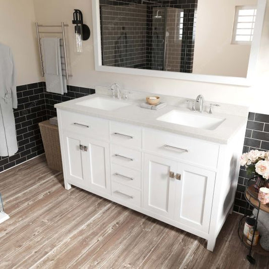 60" Double Bath Vanity in White with White Quartz Top and Square Sink