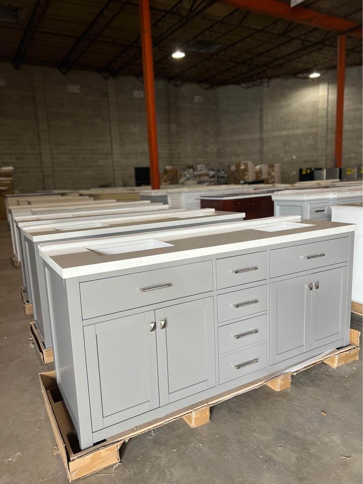 72 in Grey Double Sink Bathroom Vanity with White Quartz Top