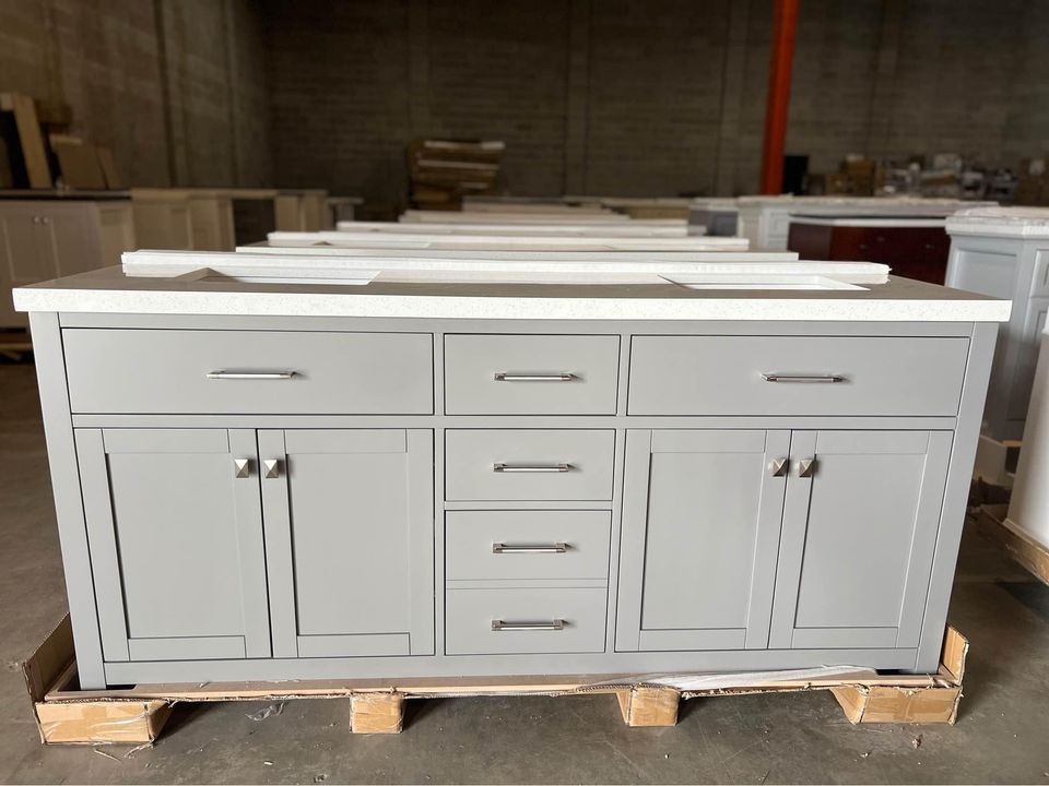 72 in Grey Double Sink Bathroom Vanity with White Quartz Top