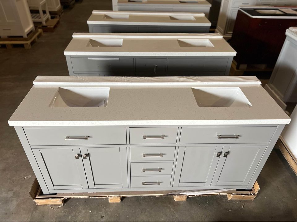 72 in Grey Double Sink Bathroom Vanity with White Quartz Top