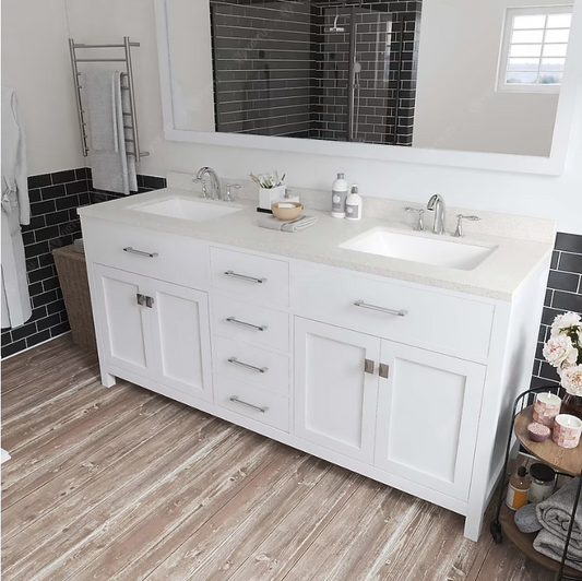 72 in White Double Sink Bathroom Vanity with White Quartz Top