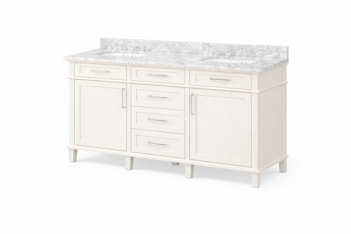 60 in. Double Sink Bath Vanity in Off White with Carrara Marble Top