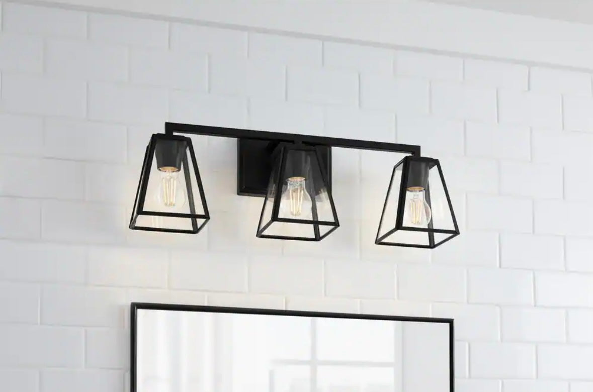 24 in. 3-Light Matte Black Bathroom Vanity Light with Clear Glass Shades