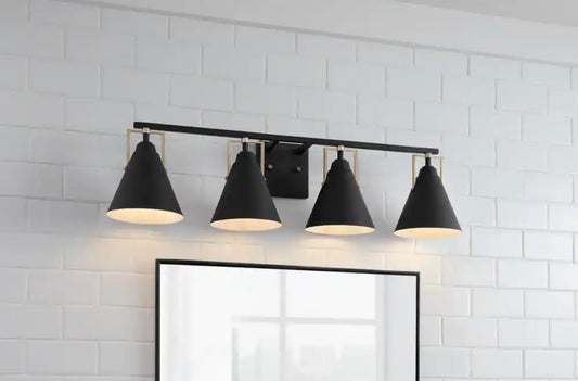 32.75 in. 4-Light Matte Black Bathroom Vanity with Satin Brass Accents