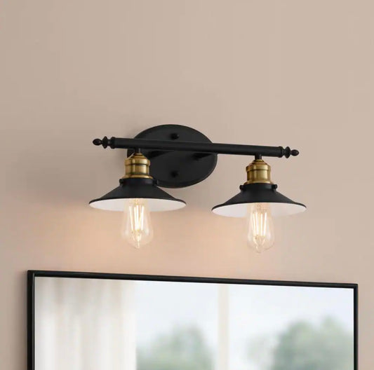 16 in. 2-Light Black and Brass Bathroom Vanity Light Fixture with Metal Shades