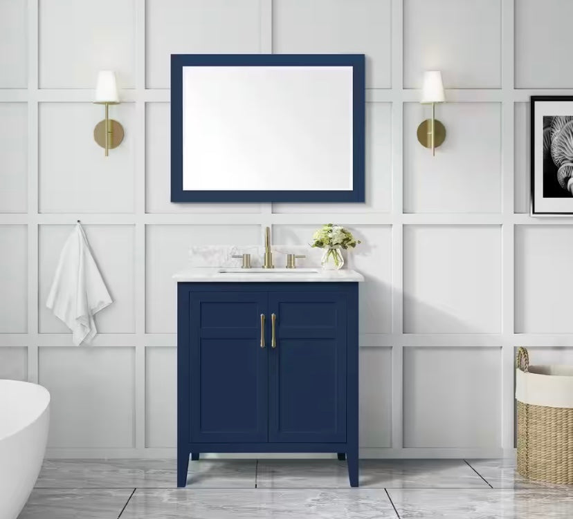 31 in. Single Sink Bath Vanity in Navy Blue with Carrara Marble Top