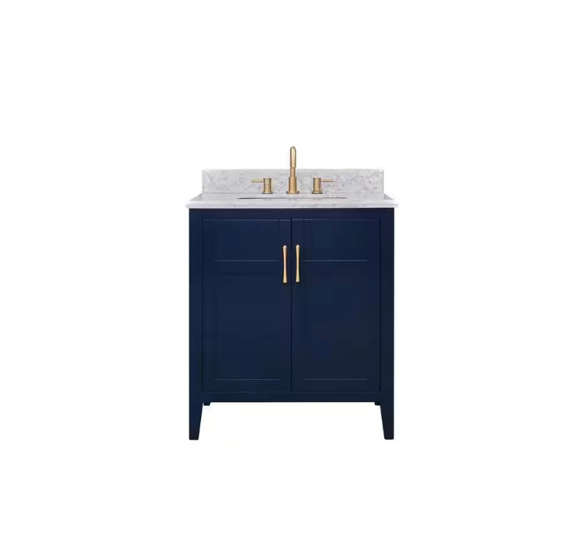 31 in. Single Sink Bath Vanity in Navy Blue with Carrara Marble Top