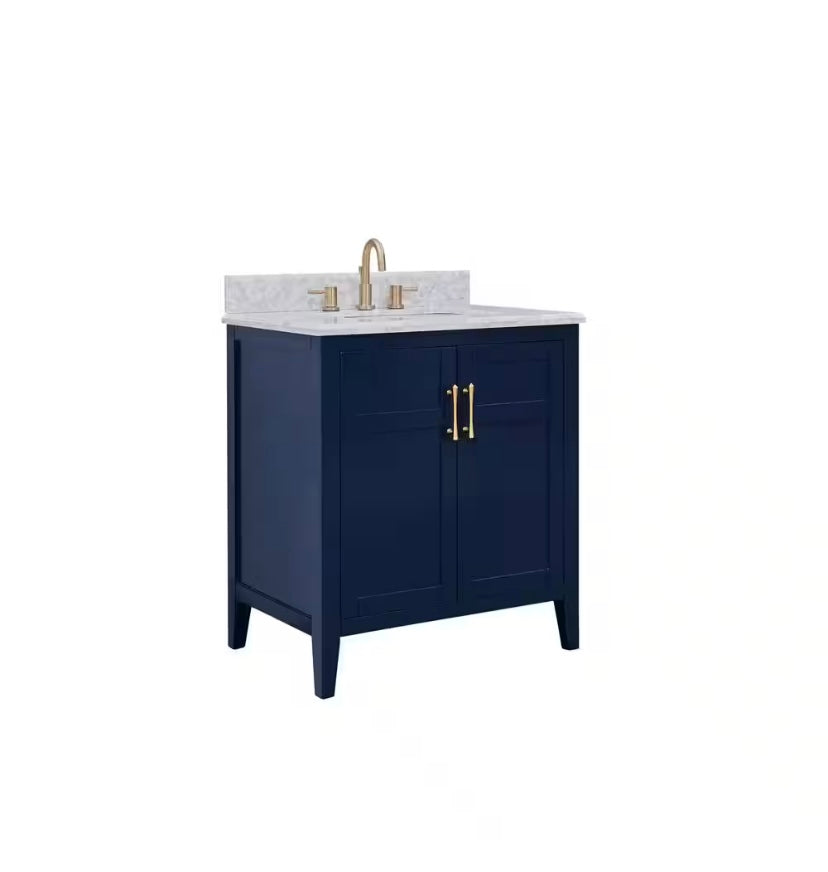 31 in. Single Sink Bath Vanity in Navy Blue with Carrara Marble Top