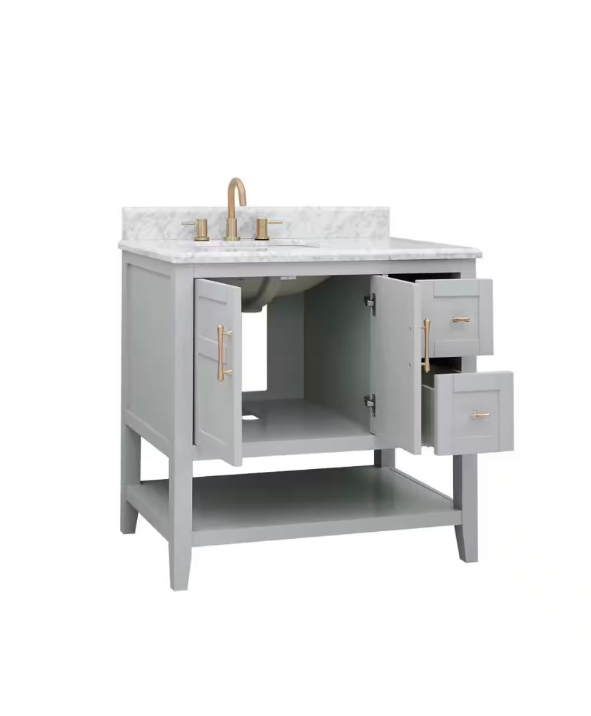 37 in. Single Sink Bath Vanity in Gray with Carrara Marble Top