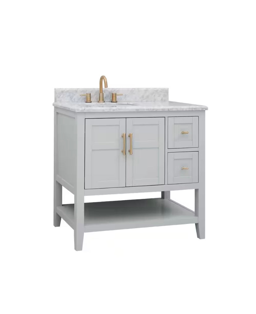 37 in. Single Sink Bath Vanity in Gray with Carrara Marble Top