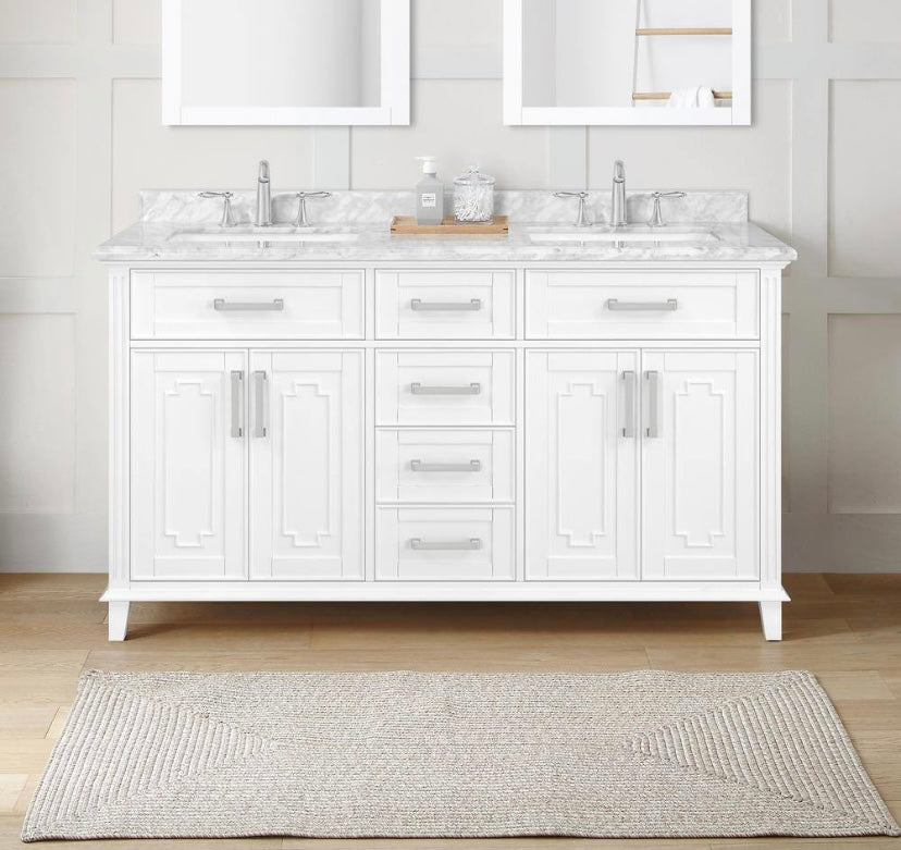 60 in. Double Sink Bath Vanity in White with Carrara Marble Top