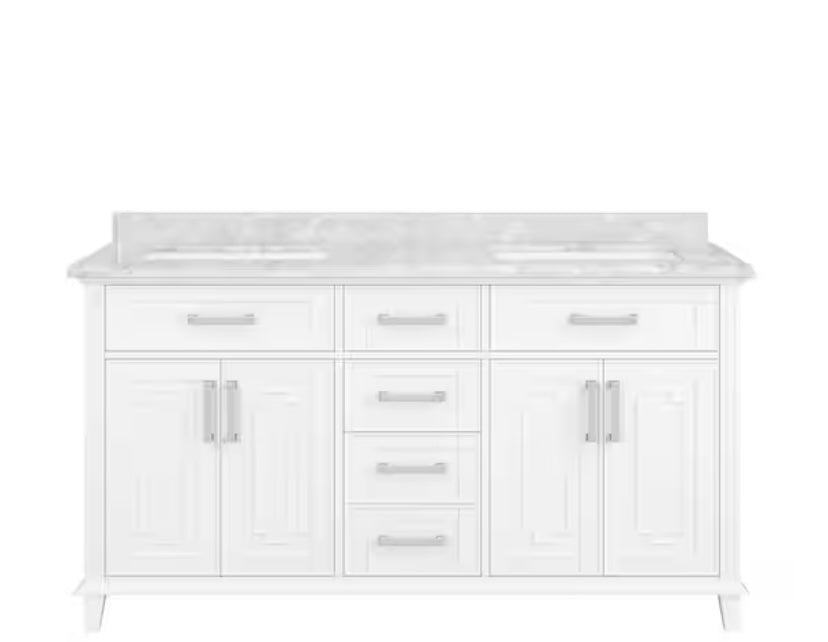 60 in. Double Sink Bath Vanity in White with Carrara Marble Top