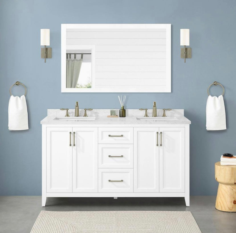 60 in. Double Sink Bath Vanity in White with White Engineered Marble Top