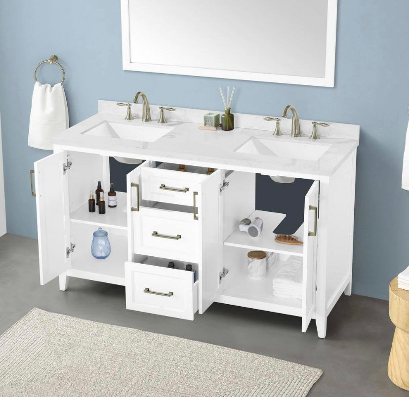 60 in. Double Sink Bath Vanity in White with White Engineered Marble Top