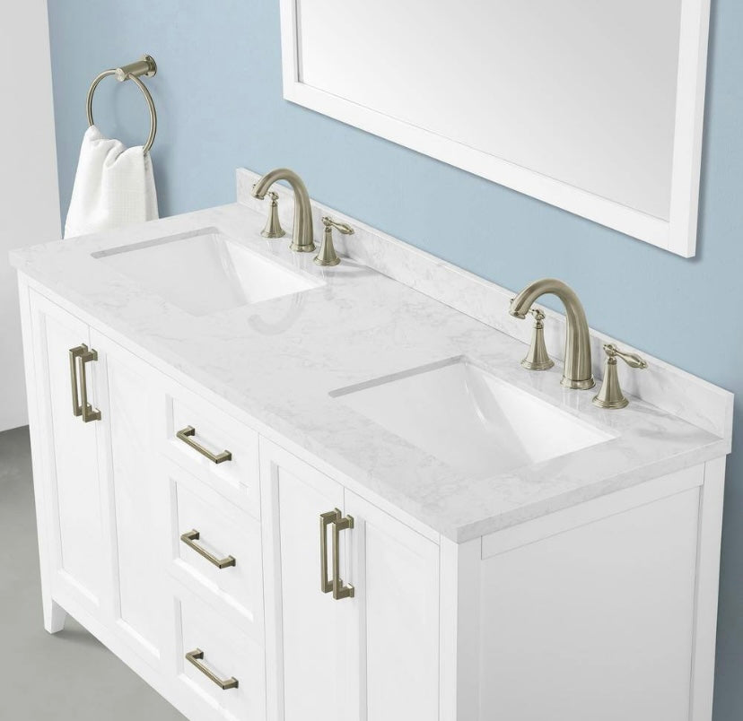 60 in. Double Sink Bath Vanity in White with White Engineered Marble Top