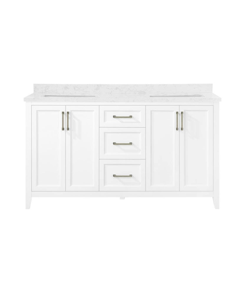 60 in. Double Sink Bath Vanity in White with White Engineered Marble Top