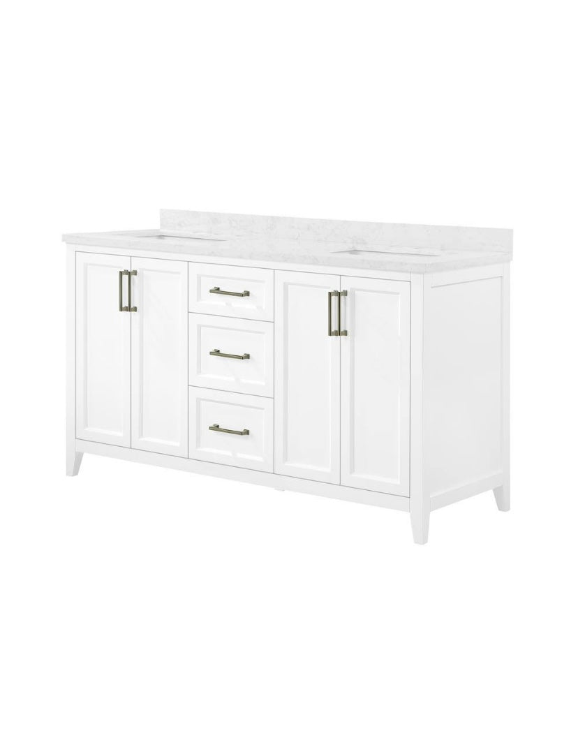 60 in. Double Sink Bath Vanity in White with White Engineered Marble Top