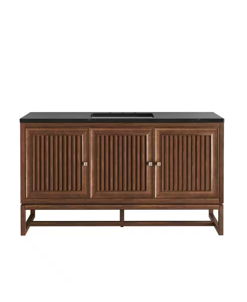 60 in. Single Sink Bath Vanity in Mid Century Acacia with Pietra Charcoal Quartz Top