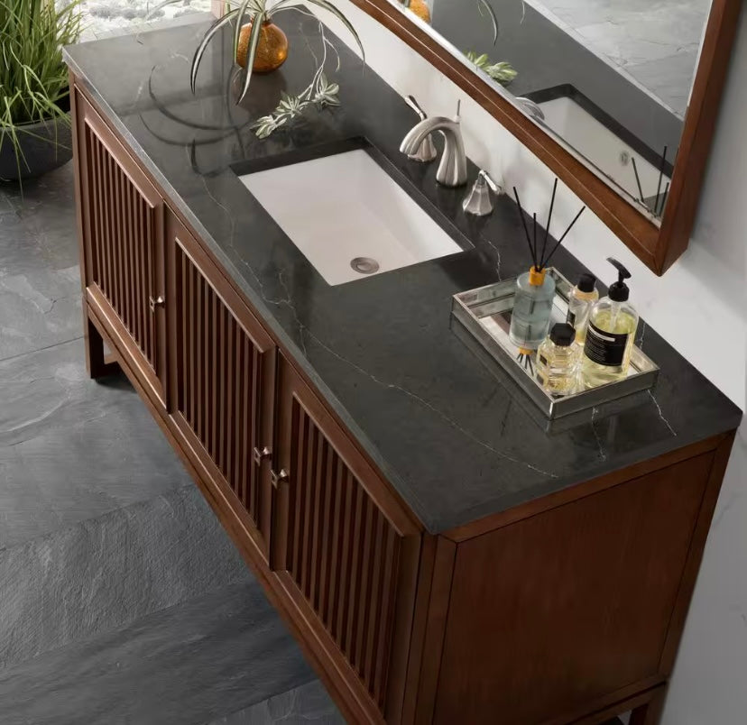 60 in. Single Sink Bath Vanity in Mid Century Acacia with Pietra Charcoal Quartz Top