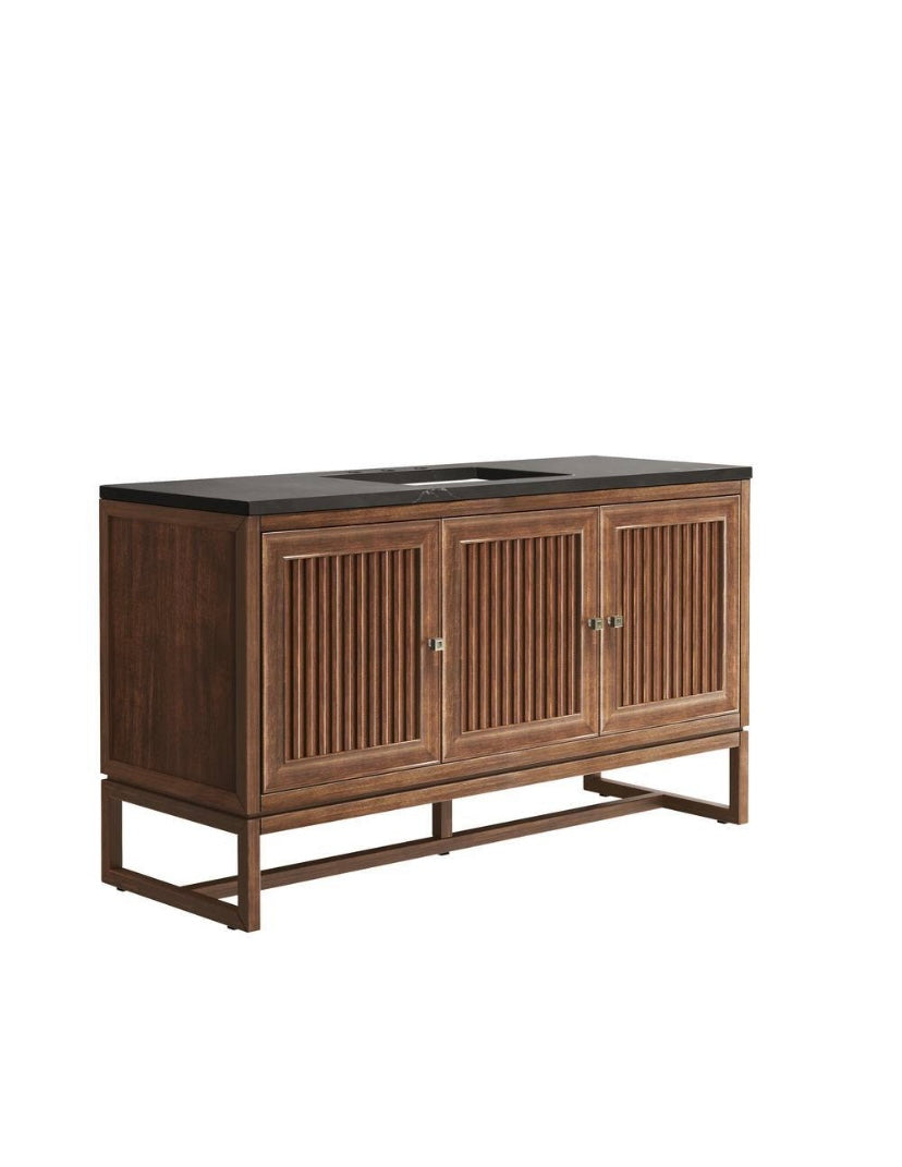 60 in. Single Sink Bath Vanity in Mid Century Acacia with Pietra Charcoal Quartz Top