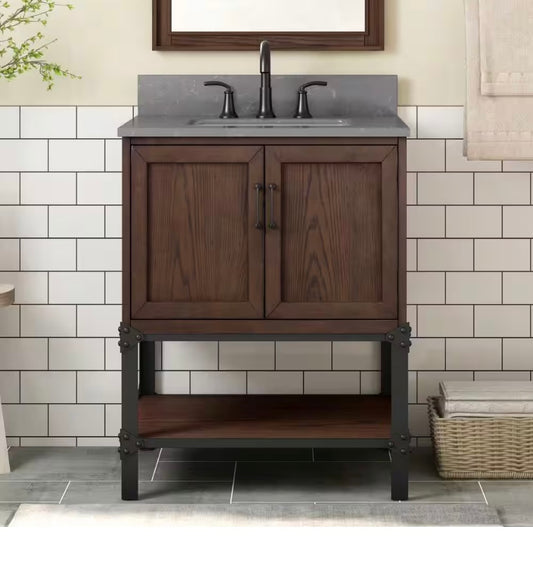 30 in. Single Sink Bath Vanity in Brown Oak with Gray Engineered Stone Top