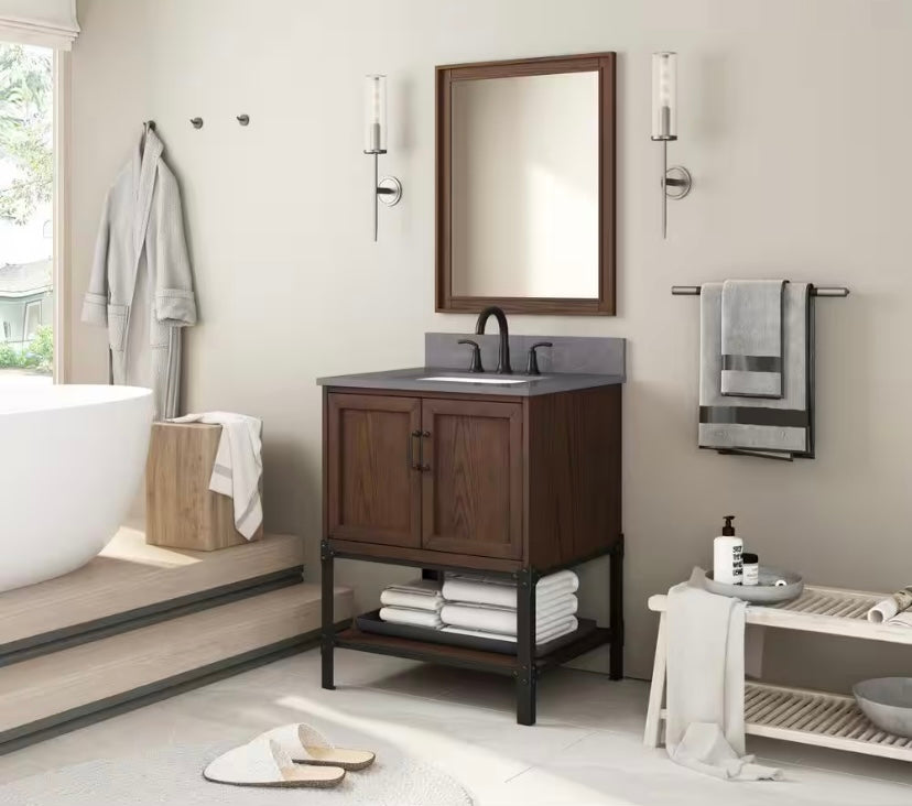 30 in. Single Sink Bath Vanity in Brown Oak with Gray Engineered Stone Top