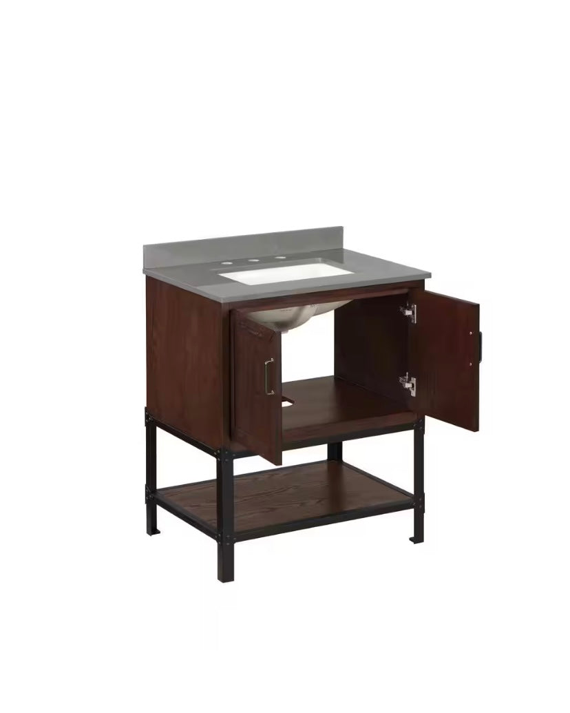 30 in. Single Sink Bath Vanity in Brown Oak with Gray Engineered Stone Top