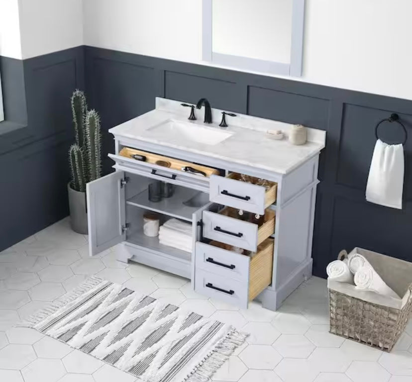 42 in. Single Sink Vanity in Light Gray with White Engineered Marble Top