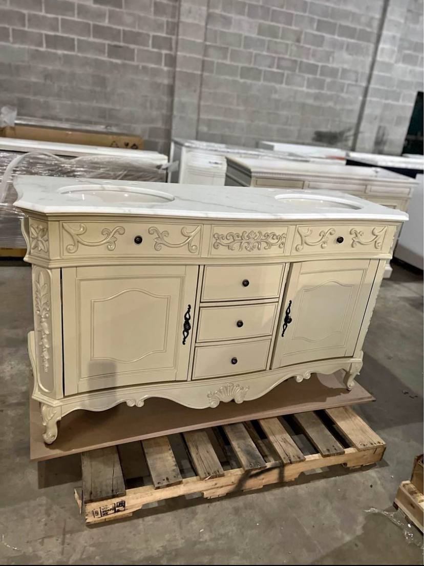 Brand New 60 inch Off-White Double Vanity with White Marble Top