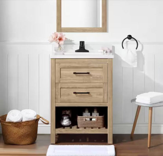 24 in. Single Sink Bath Vanity in Weathered Tan with White Engineered Stone Top