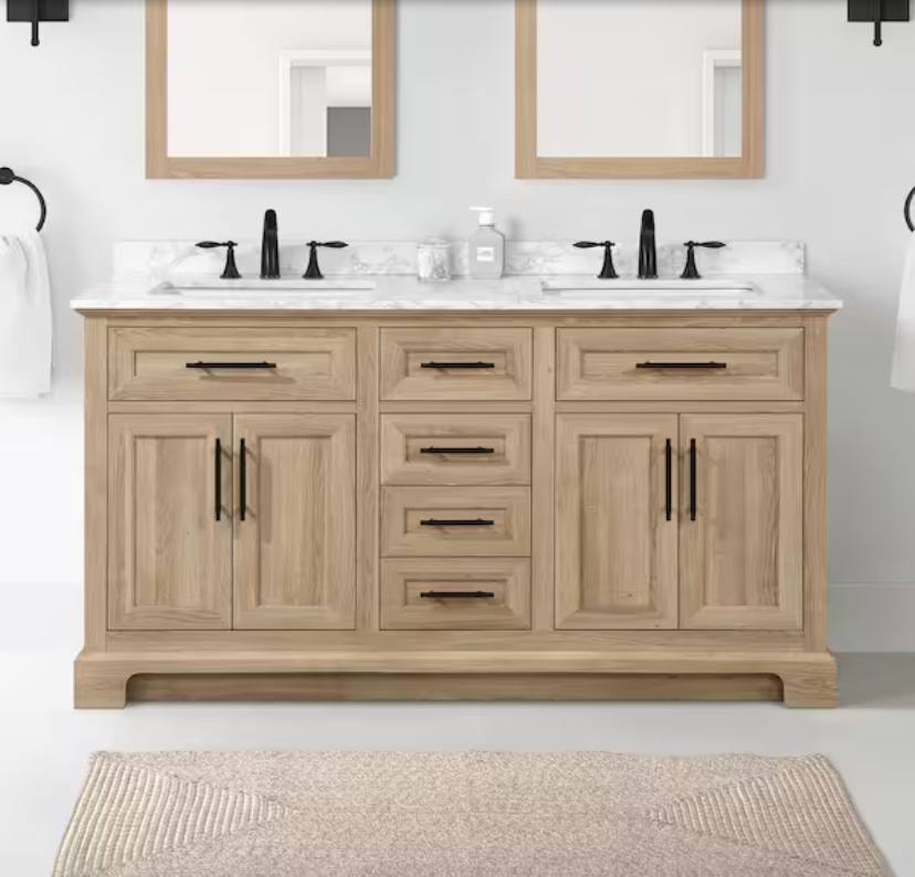 60 in. Double Sink Freestanding Weathered Tan Bath Vanity with White Engineered Marble Top