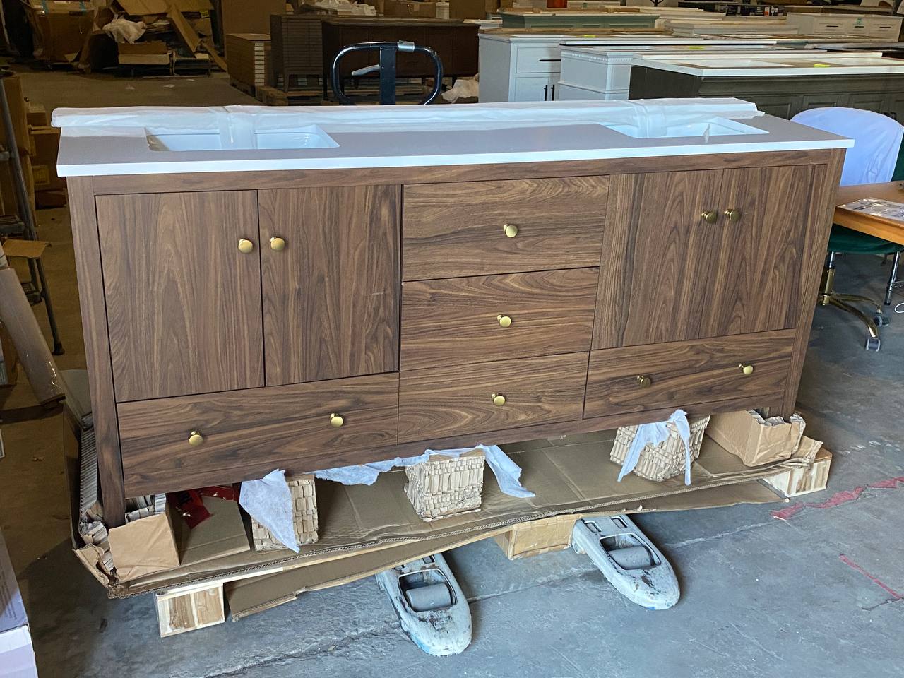 72 in W x 20 in D x 35 in H Double Sink Bath Vanity in Walnut With White Engineered Marble Stone Vanity Top