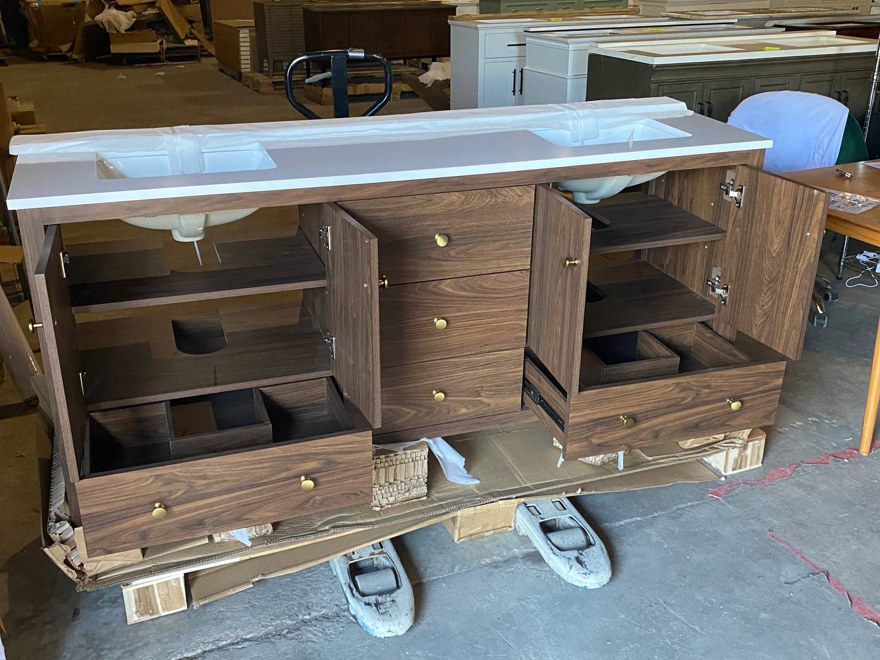 72 in W x 20 in D x 35 in H Double Sink Bath Vanity in Walnut With White Engineered Marble Stone Vanity Top