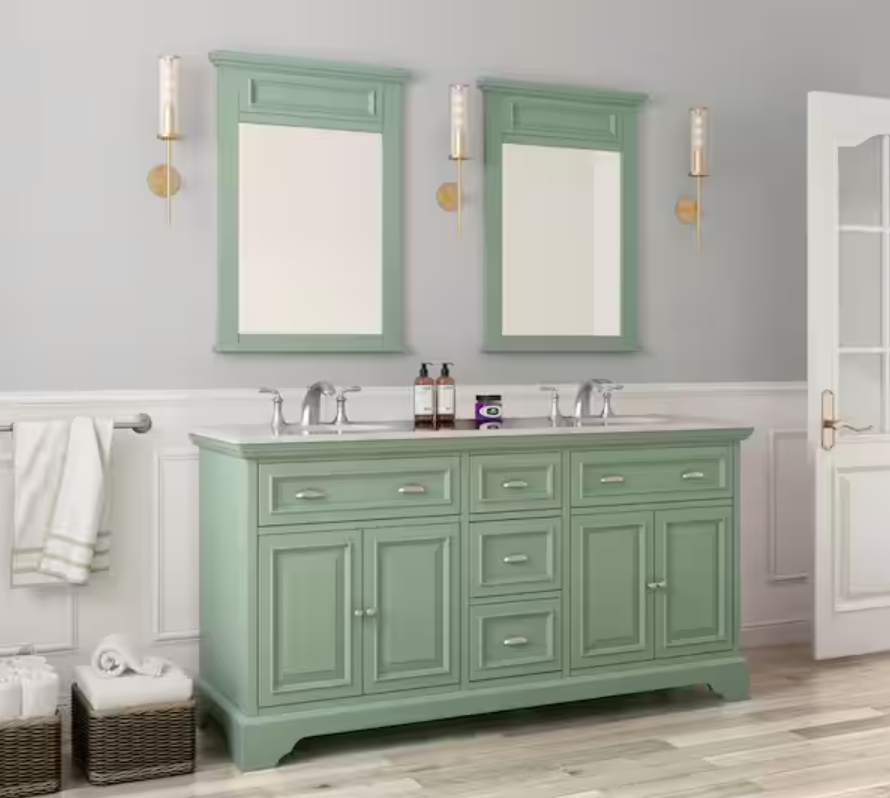 New 67 inch Double Vanity in Pistachio with White Marble Top