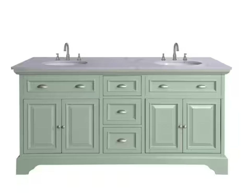 New 67 inch Double Vanity in Pistachio with White Marble Top